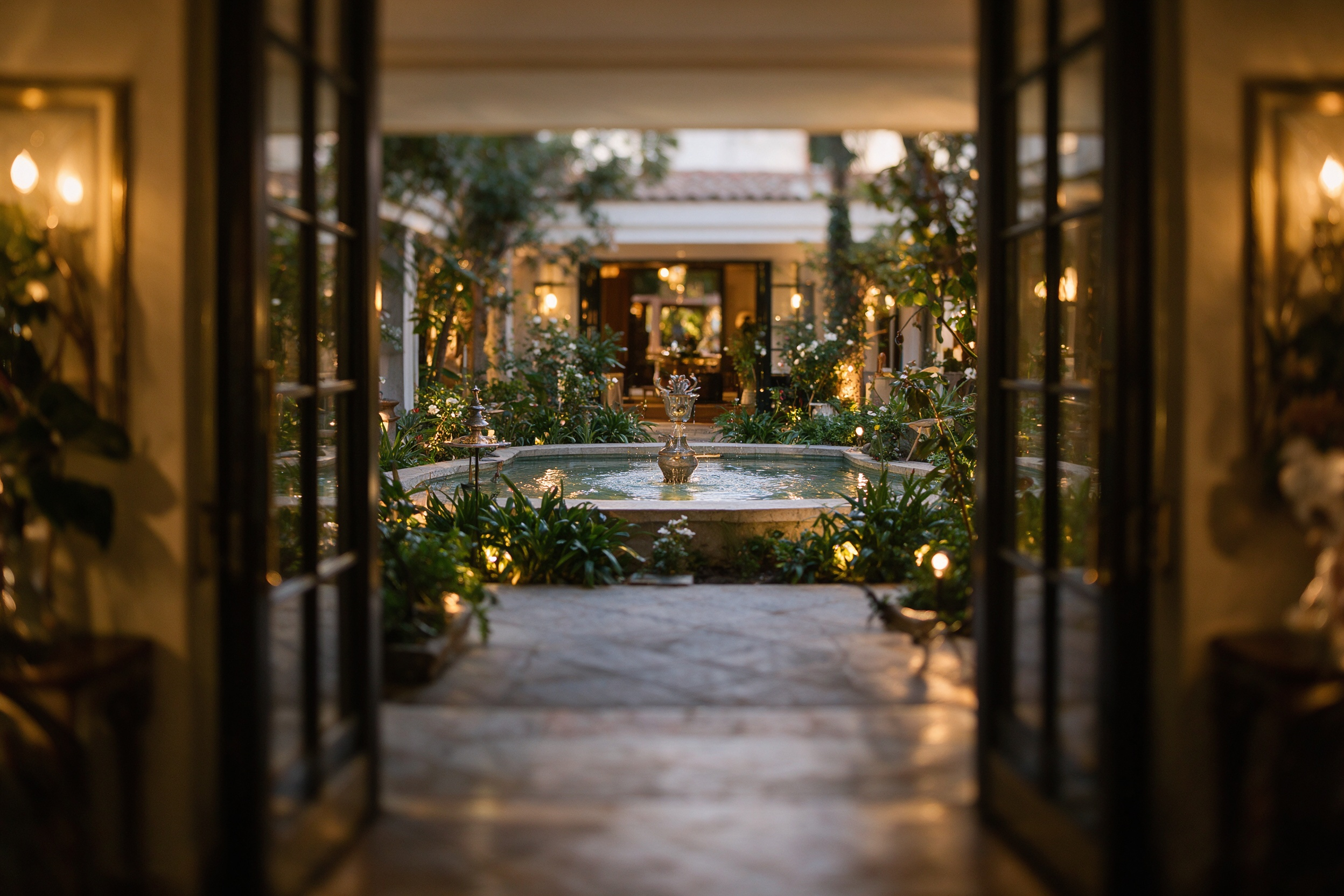 Entrada de Botanic con vista al patio central, estanque y vegetación, Nerja