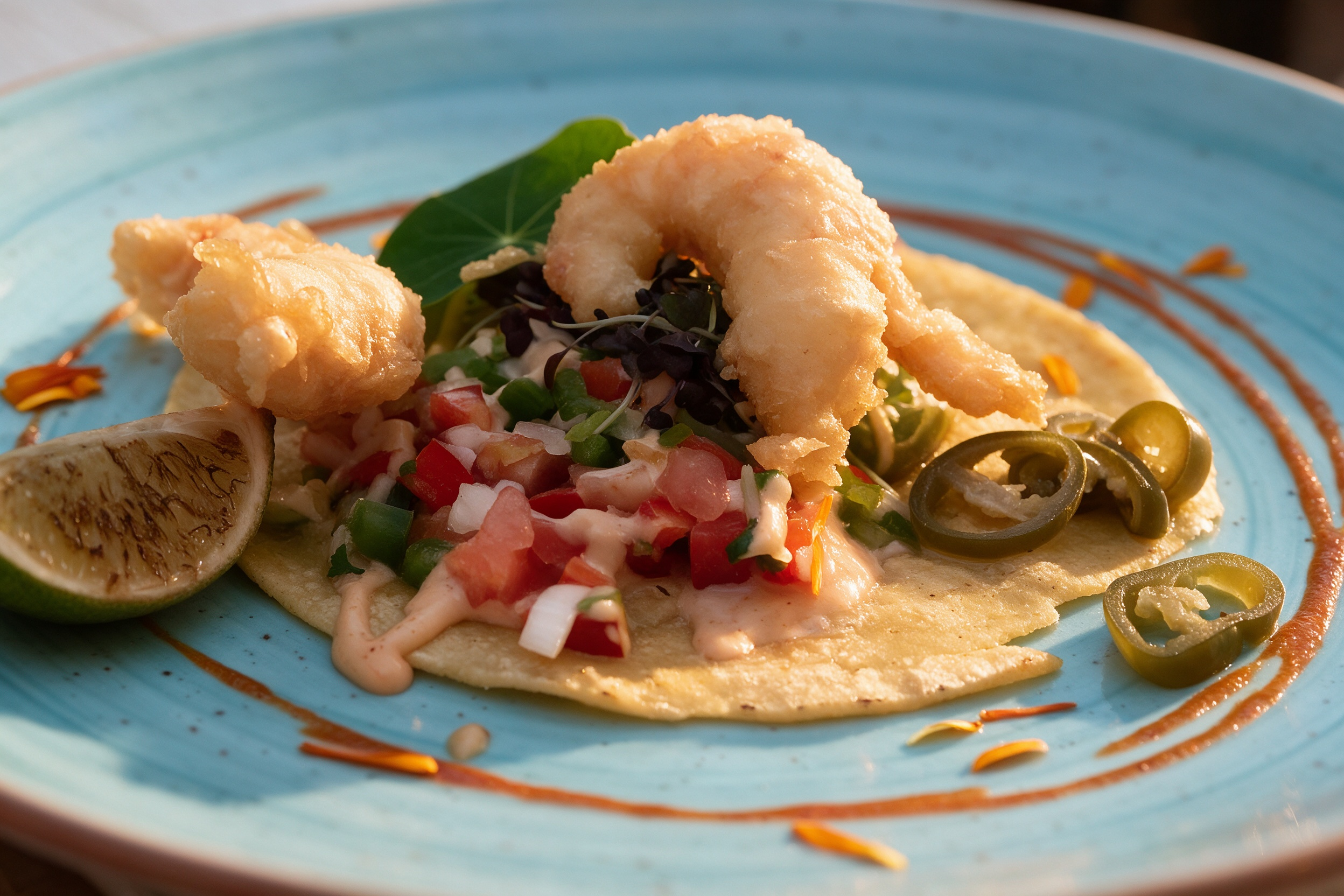 Tempura de gambas en taco: tortilla suave, gambas rebozadas y salsa