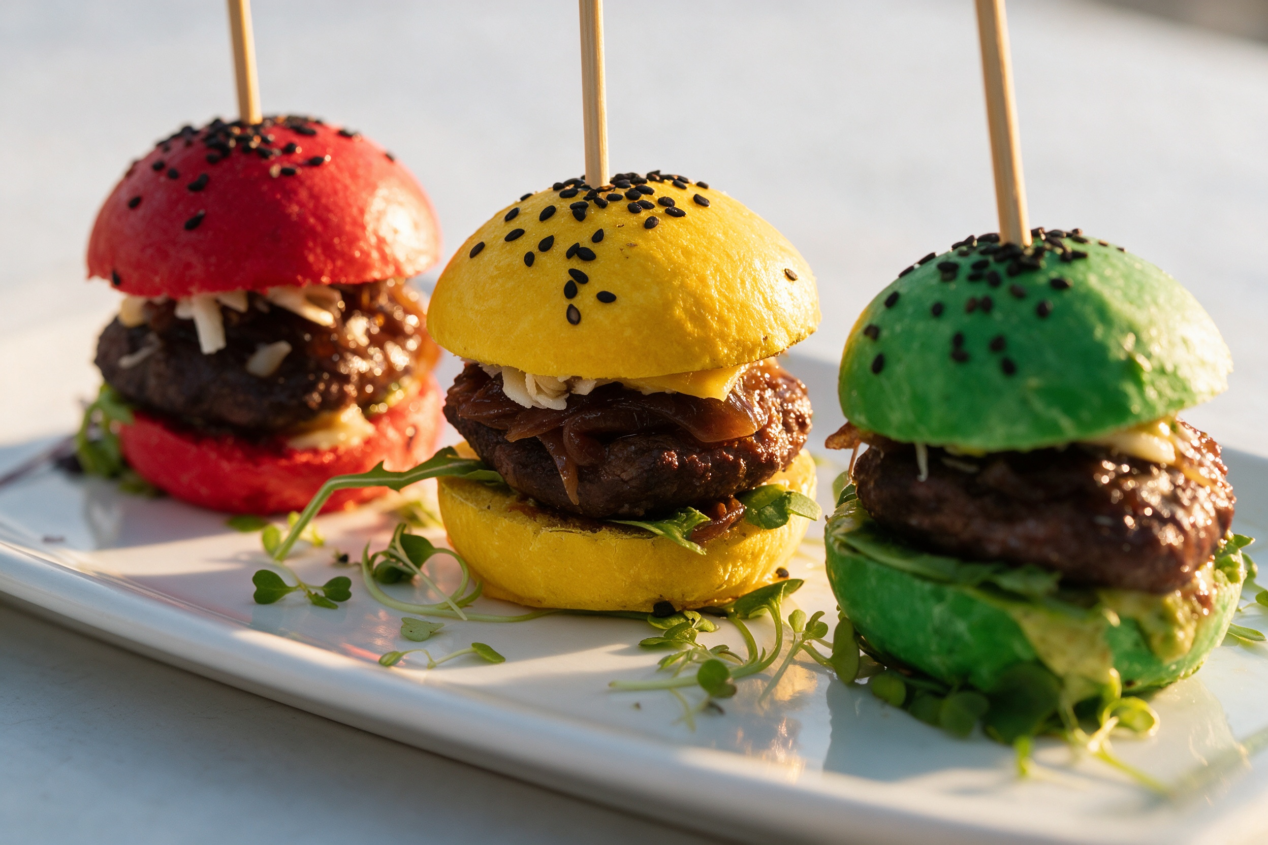 Hamburguesa de buey Wayú, miniburger tricolor con pan, carne de buey y guarnición